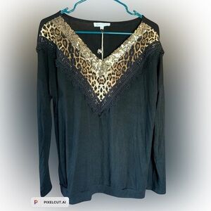NWT FSL Apparel Black, Gold, and Leopard Blouse S